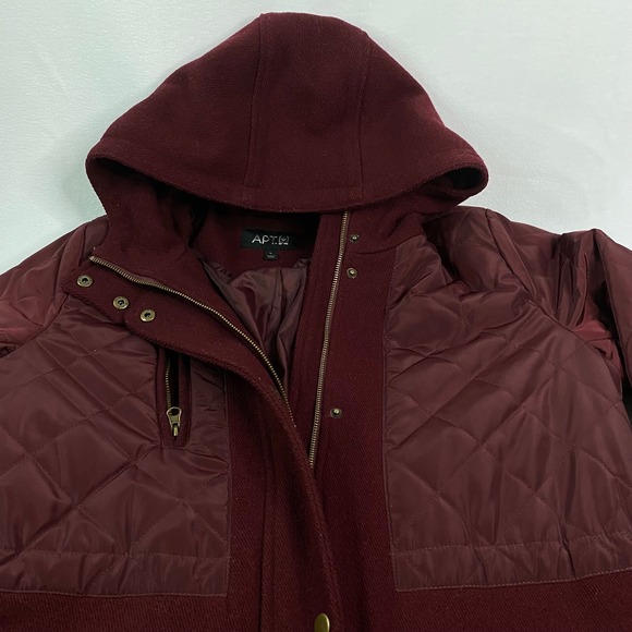 Apt. 9 Quilted Hooded Wool Jacket Women's Burgundy Wine Snap Button, Pockets - L - Picture 3 of 8